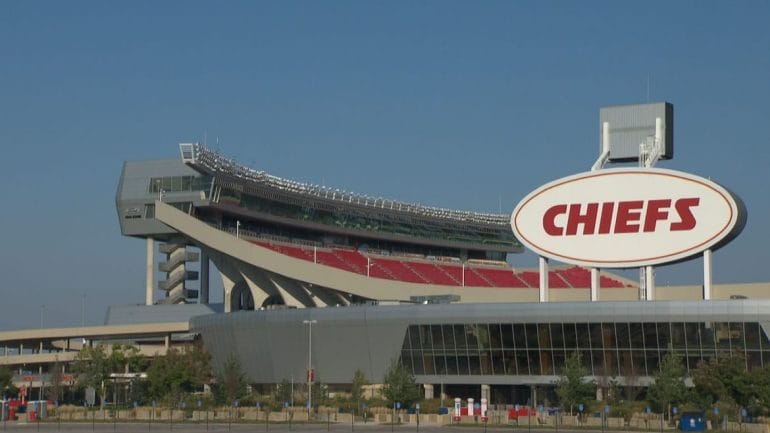 Exterior shot of Arrowhead Stadium with giant Chiefs sign