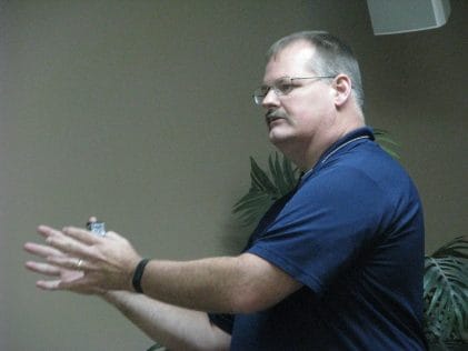 Steve McCorkill, a sergeant with the Shawnee Police Department and president of the Kansas Law Enforcement CIT Council, spoke at Thursday's crisis intervention training event in Lawrence. (Photo by Dave Ranney/KHI News Service) 