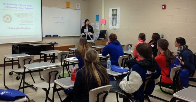 Traci Olberding, a University of Kansas pharmacy student from Atchison, speaks to a group of northeast Kansas high school students. (Photo by Andy Marso/KHI News Service)