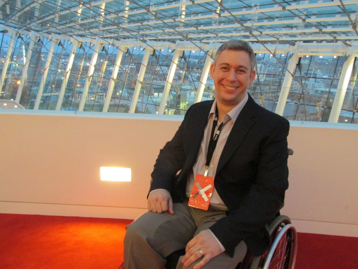 Martin Pistorius in wheelchair at Kauffman Center