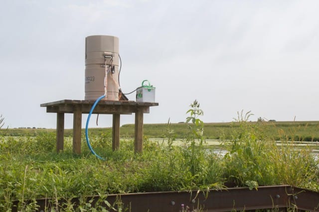 Researchers use this equipment to monitor for nutrients as water leaves a constructed wetland and flows toward streams.