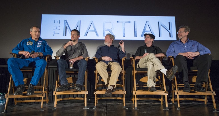 Astronaut Drew Feustel, from left, actor Matt Damon, director Ridley Scott, author Andy Weir, and Director of the Planetary Science Division at NASA Headquarters Jim Green, participate in a question and answer session about NASA’s journey to Mars and the film 