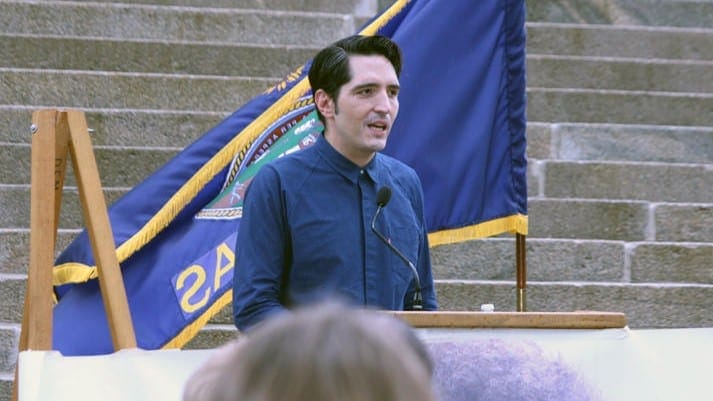 Actor David Dastmalchian spoke Friday outside the Statehouse at a rally highlighting mental health and addiction treatment options in Kansas. (Photo: Susie Fagan | Heartland Health Monitor)