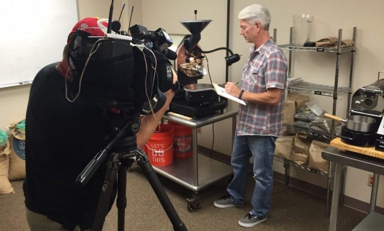 Supertaster Tracy Allen is filmed while he looks over the roasting of the papal coffee beans at Brewed Behaviors headquarters in Overland Park, KS. (Credit: Brewed Behaviors)