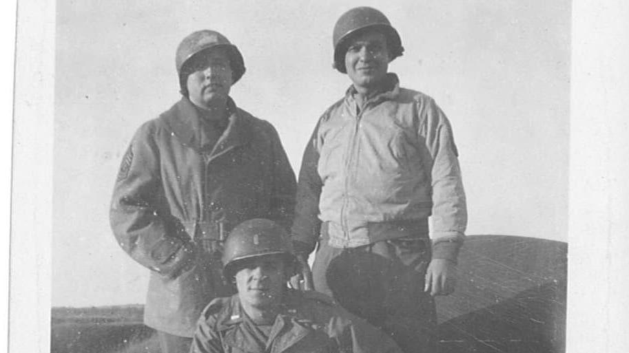1st Sgt. William McGraw, left, and two friends, somewhere in France, 1945.