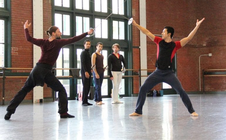 Kansas City Ballet Company Dancers, from left, Logan Pachciarz and Liang Fu rehearse for 