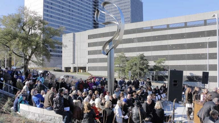 About 200 people were in attendance Thursday morning, including family members of the deceased and first responders, for the dedication of the Hyatt Memorial. (Photo: Daniel Boothe | Flatland)