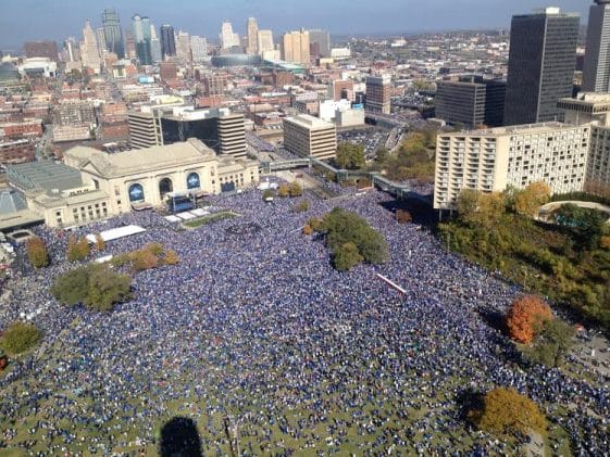 Kansas City Royals World Series celebration at Union Station.While the 2.3 mile-long parade route to celebrate the Kansas City Royals’ World Championship team technically began at noon, revelers from near and far began heading downtown early in the morning on Tuesday. Looking down from Liberty Memorial, the crowd gathers at Union Station in advance of the Royal Celebration. (Photo: Amanda Krenos | KCPT)