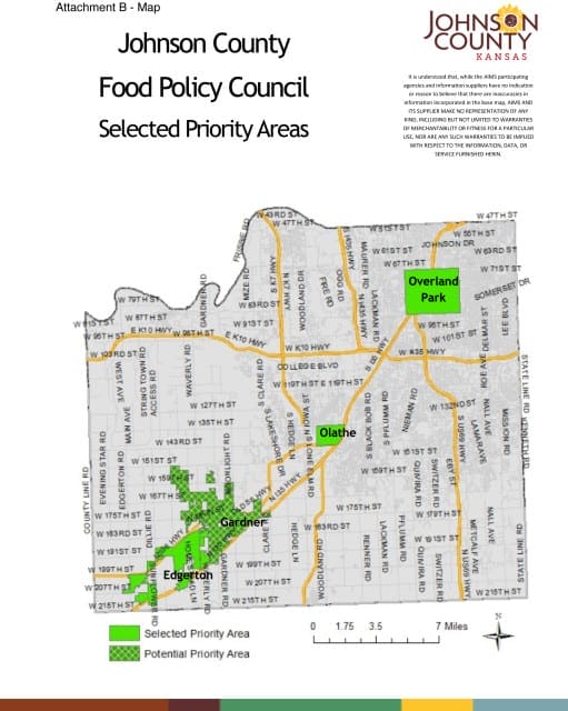 map of johnson county with selected priority areas for food council