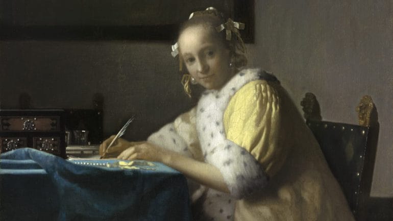 Johannes Vermeer, Dutch (1632–1675). A Lady Writing, c. 1665. Oil on canvas, 17 11/16 x 15 11/16 inches. National Gallery of Art, Washington, Gift of Harry Waldron Havemeyer and Horace Havemeyer, Jr., in memory of their father, Horace Havemeyer, 1962.10.1.