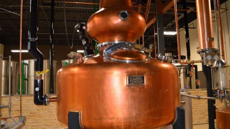 ‘Darby O’Still,’ the focal point of North Kansas City's Restless Spirits distillery, is a 500-gallon, onion-shaped, copper pot still specifically designed to produce Irish whiskey. (Photo: Jonathan Bender | Flatland)
