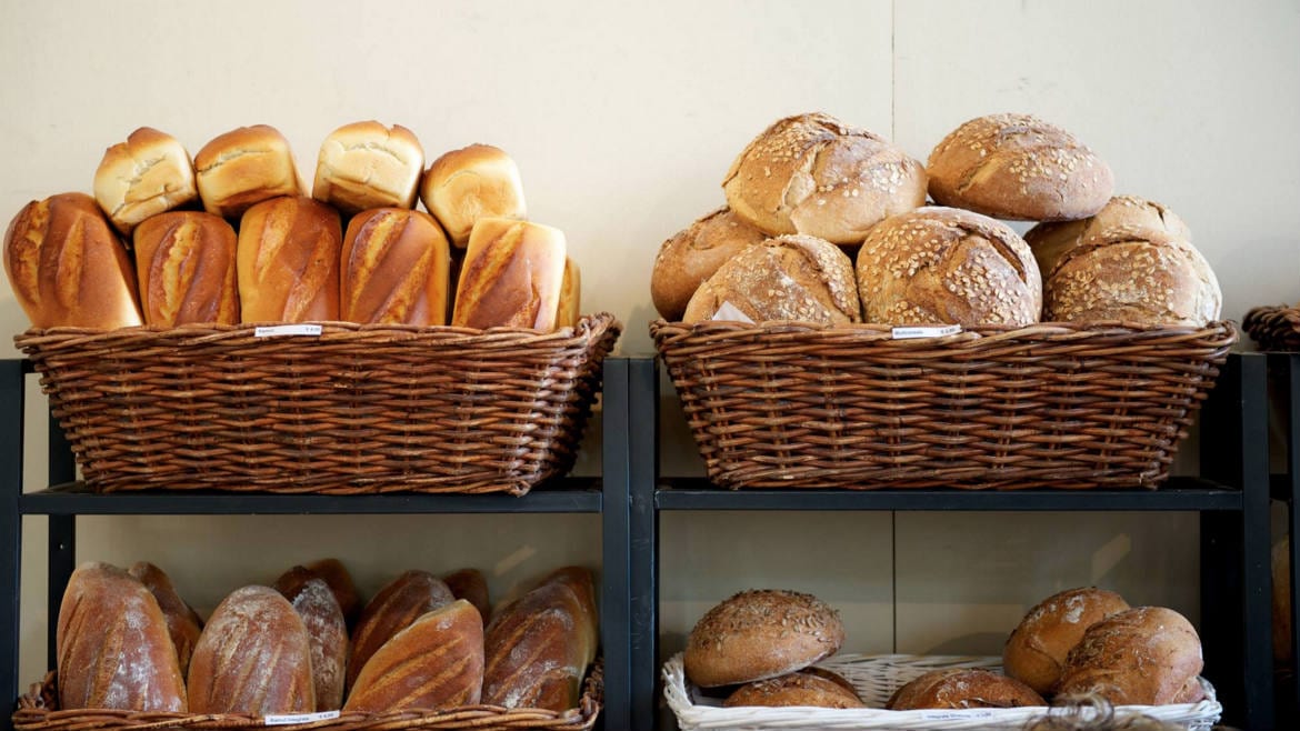 A shot of bread in bins.