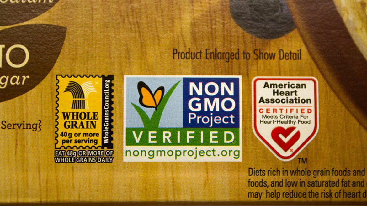 A label showing a non-GMO product