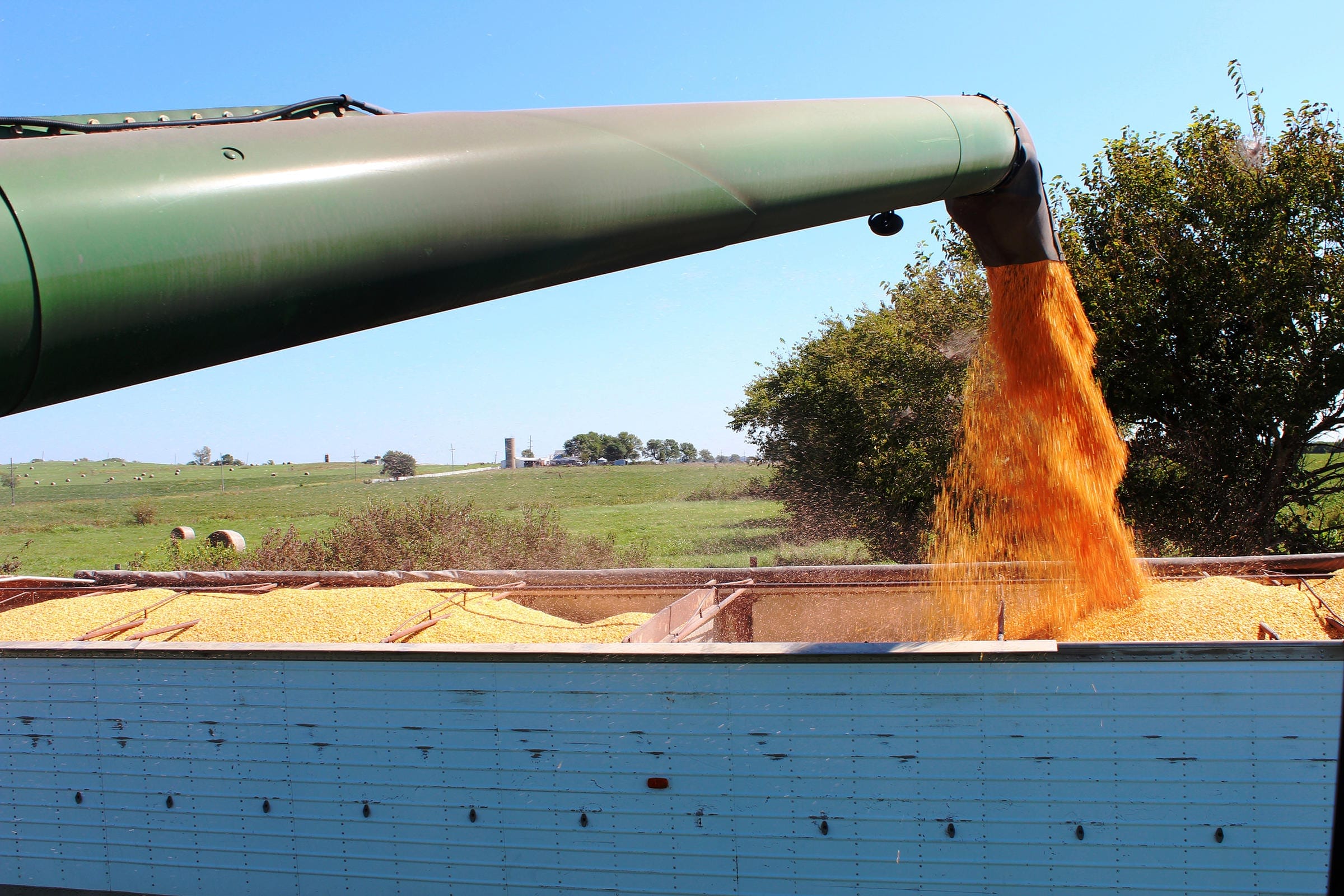 A pipe feeding into a large bin.