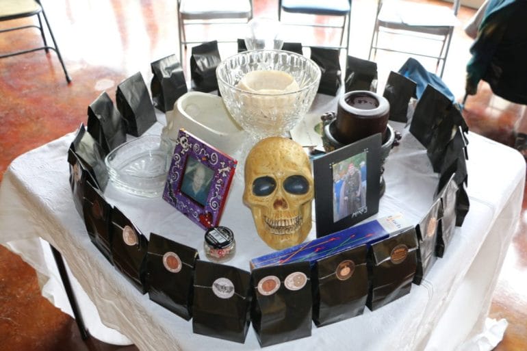 An altar with photos and candles.