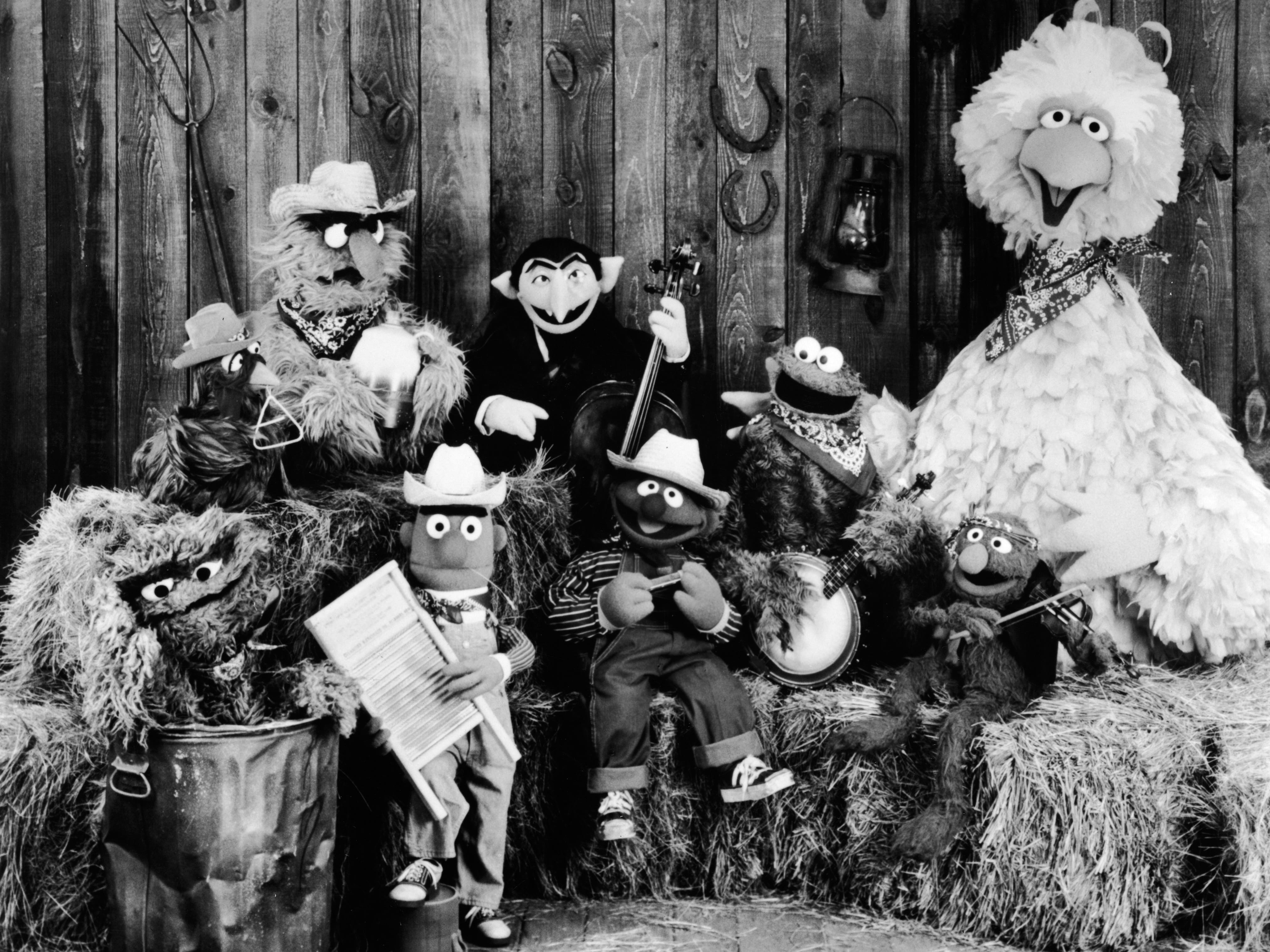 A black and white photo of Sesame Street characters.