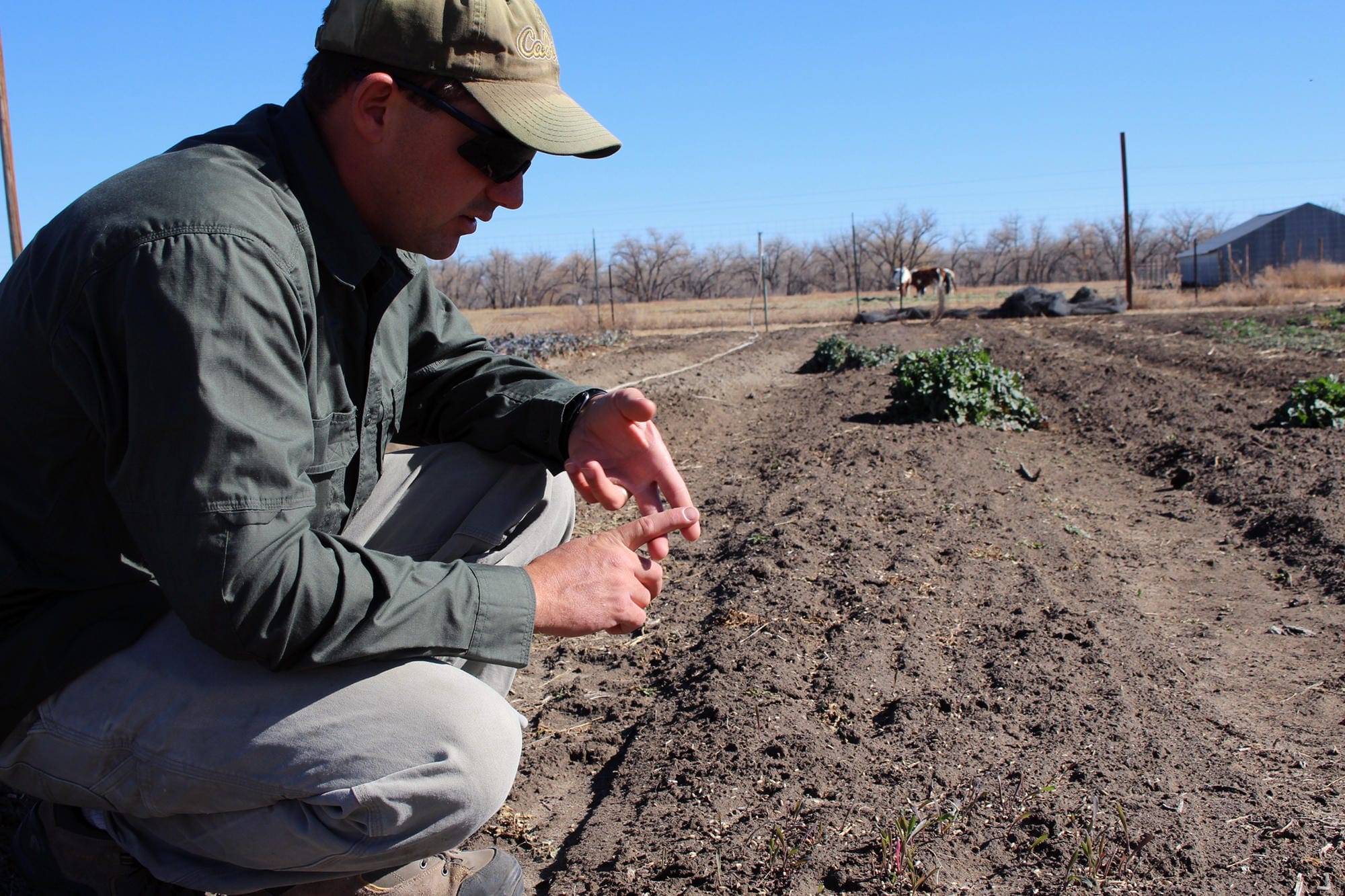 A man kneeling in his field.