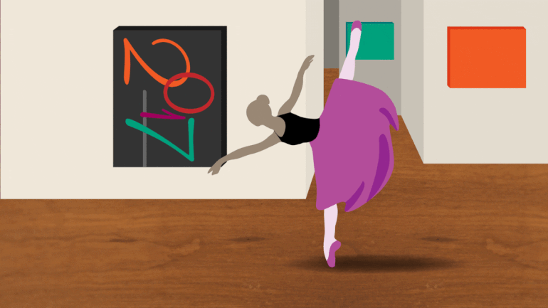A ballerina touching a canvas that rads 