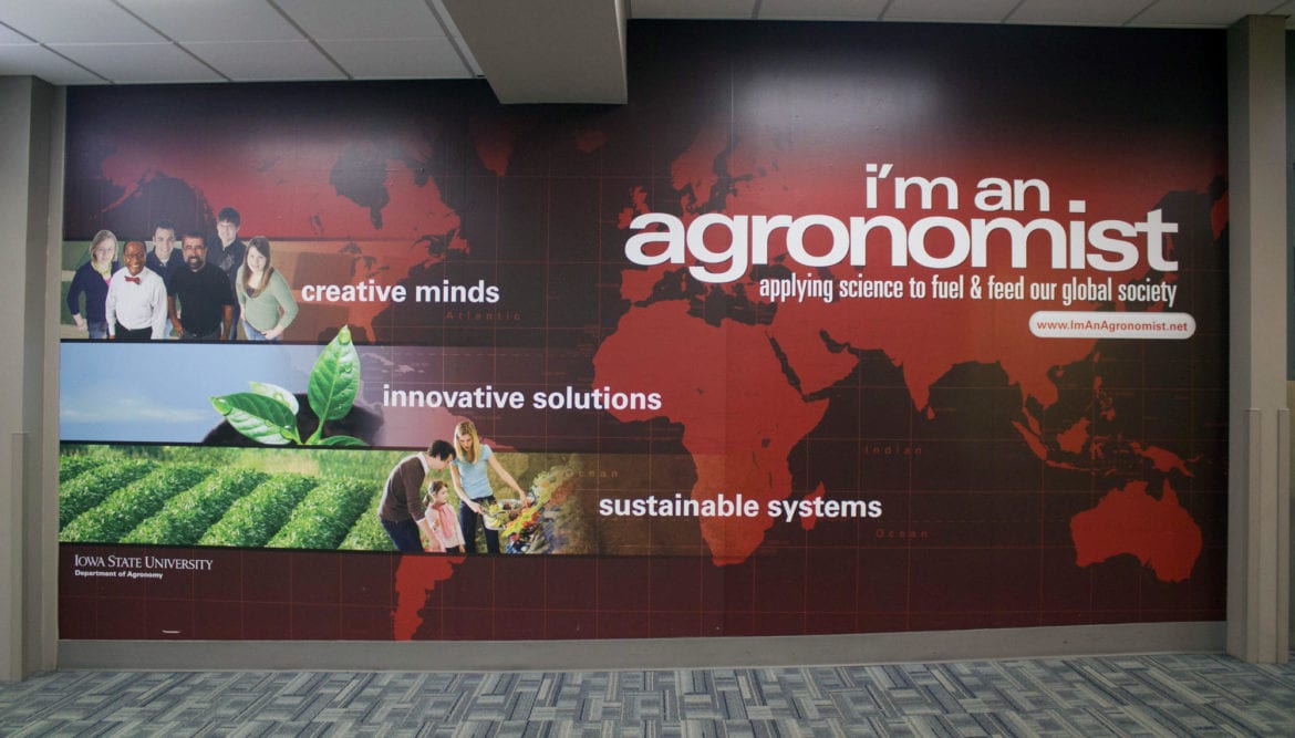 A wall in the Des Moines Airport that is focused on agriculture.
