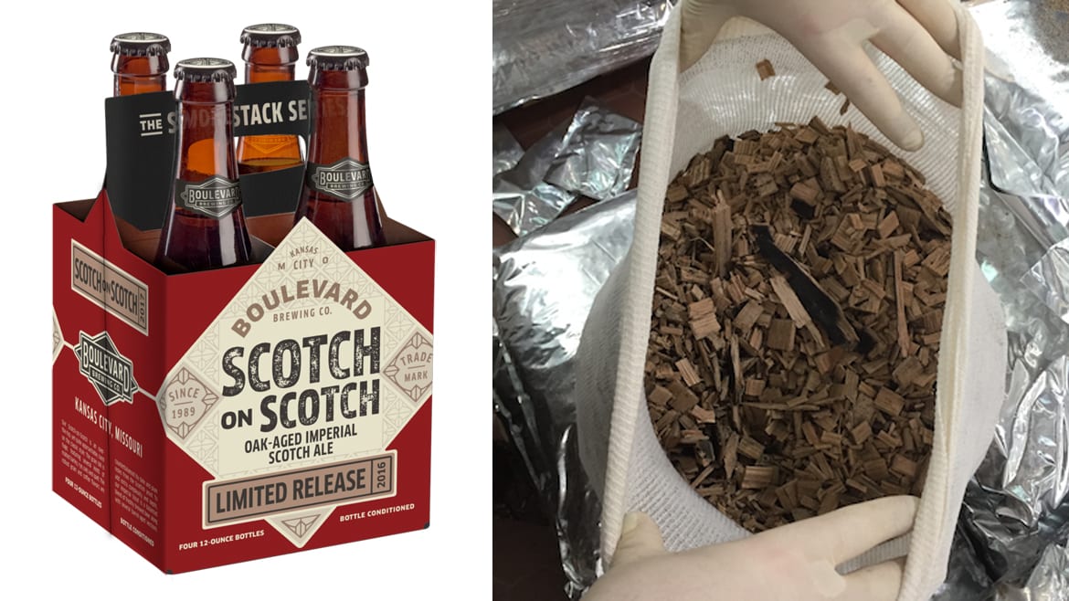 Scotch whisky barrel chips were suspended in the aging tank in porous bags.