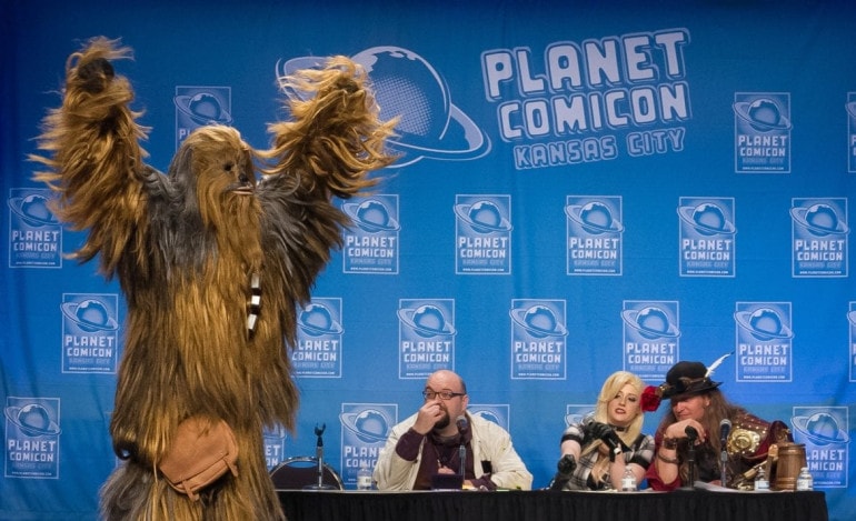 A Comicon fan dressed as Chewbacca.
