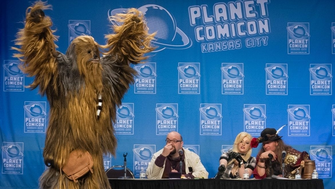 A Comicon fan dressed as Chewbacca.