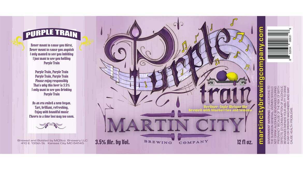Purple Train label from Martin City Brewing Company is hand-drawn