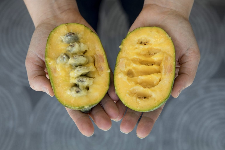 The inside of a pawpaw is soft and gooey.