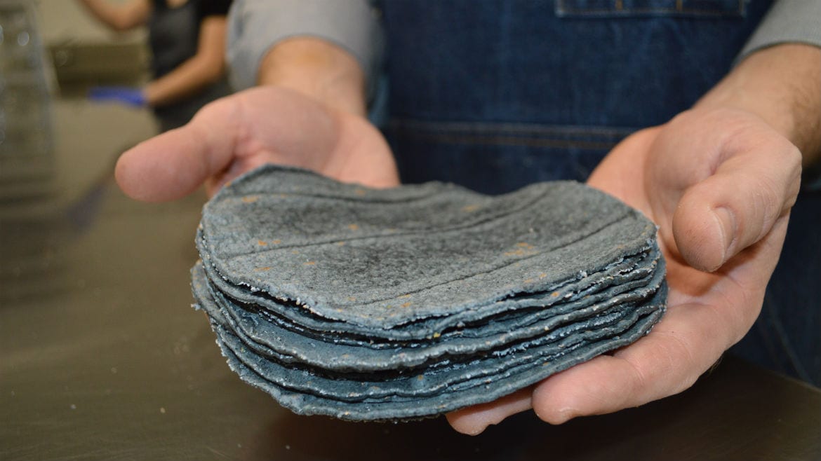 Mark Gencarelli holds a freshly made blue corn tortilla