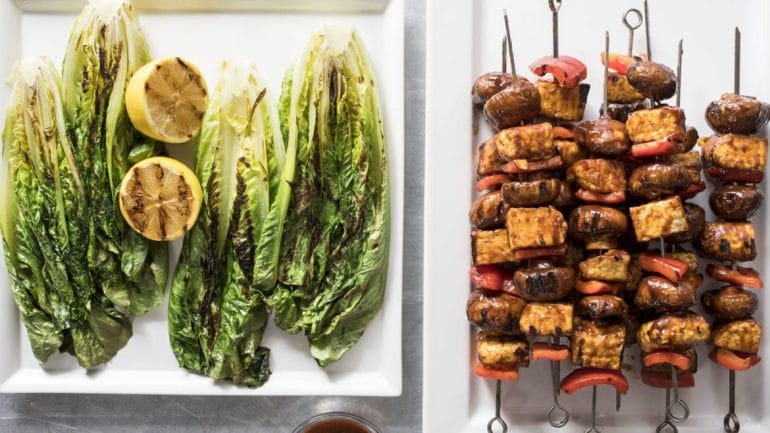 Barbecued tempeh skewers with grilled romaine lettuce