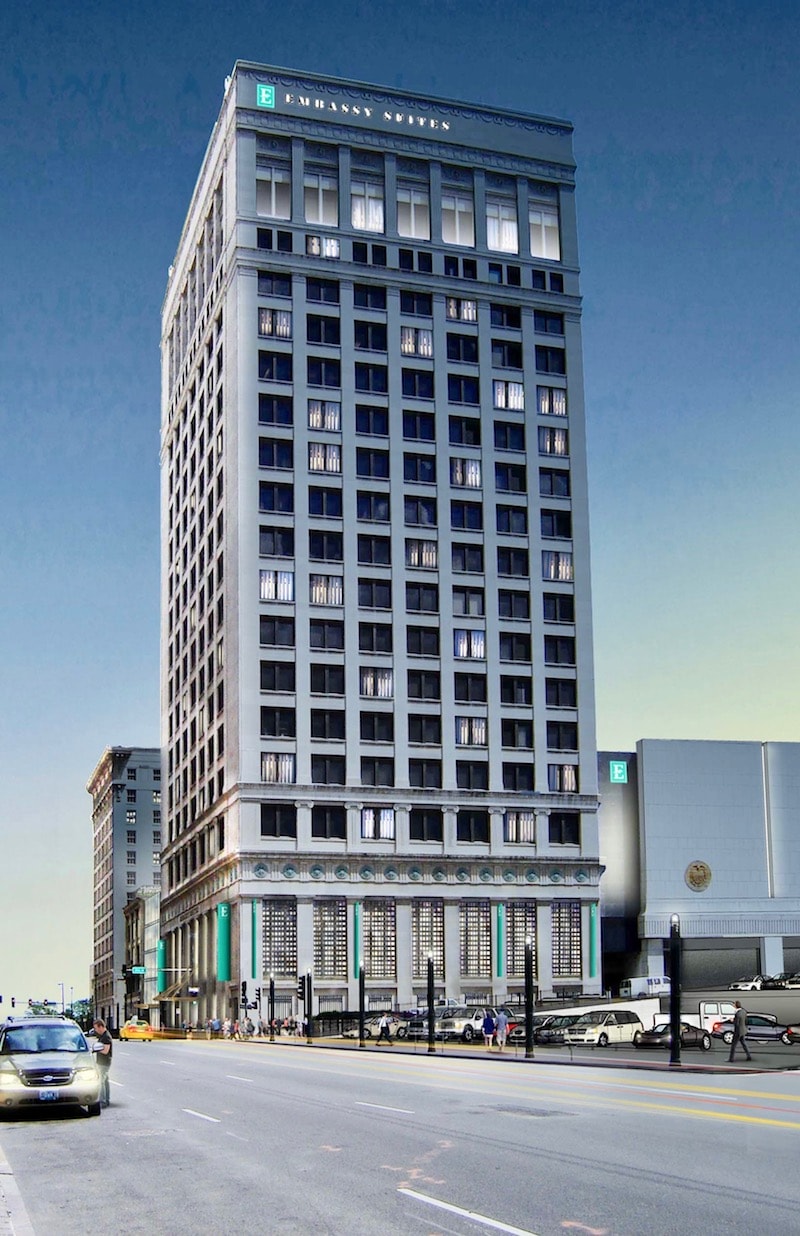 A rendering of the planned Embassy Suites in the former Federal Reserve Bank building. 
