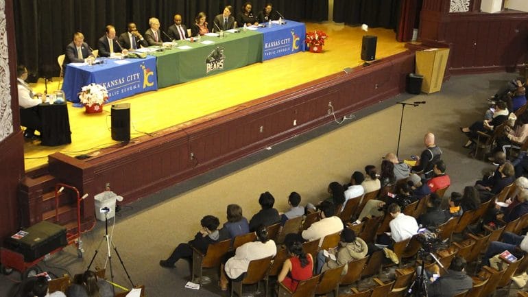 Kansas City mayoral candidates in the auditorium at East High School