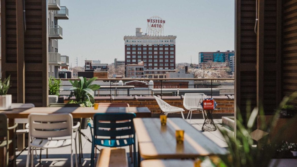 The Kansas City skyline from Percheron rooftop bar at the Crossroads Hotel.