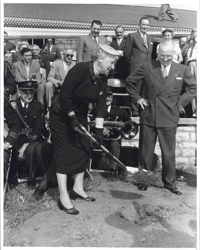 Bess Truman digging at the Truman Library groundbreaking ceremony May 8, 1955.