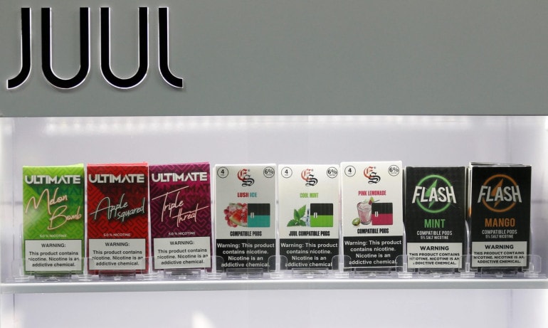 Picture of flavored JUUL e-cigarette products.