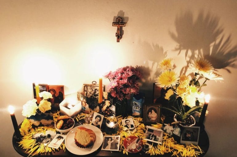 Here's Vicky Diaz-Camacho's altar for Dia de los Muertos, or Day of the Dead, honoring her grandparents and husband's grandmas.