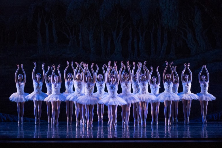 Ballerinas on stage in the production of Swan Lake.