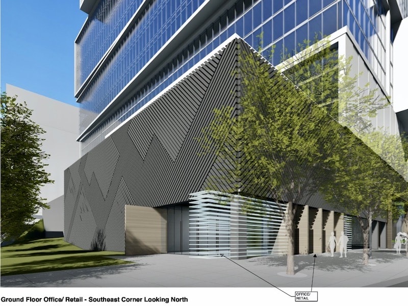 A revised plan for the ground level of the Waddell & Reed headquarters project added a small commercial space to its southeast corner.