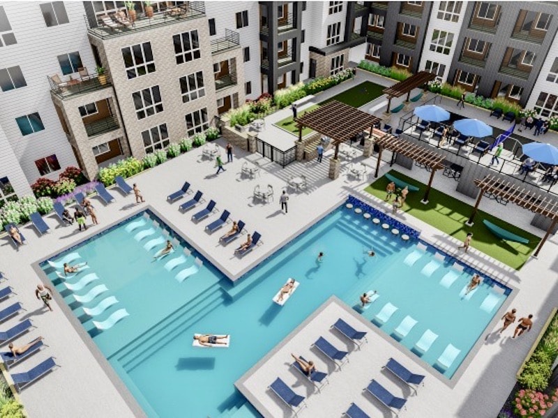 Courtyard amenities at NorthPoint's riverfront apartment project.