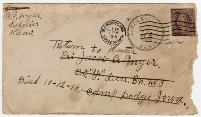 Envelope revealing that Private Jacob Myer had died.