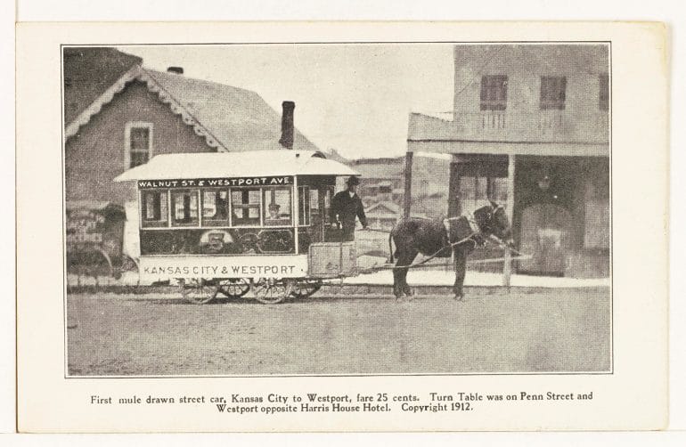 The first mule drawn street car in Kansas City's Westport area