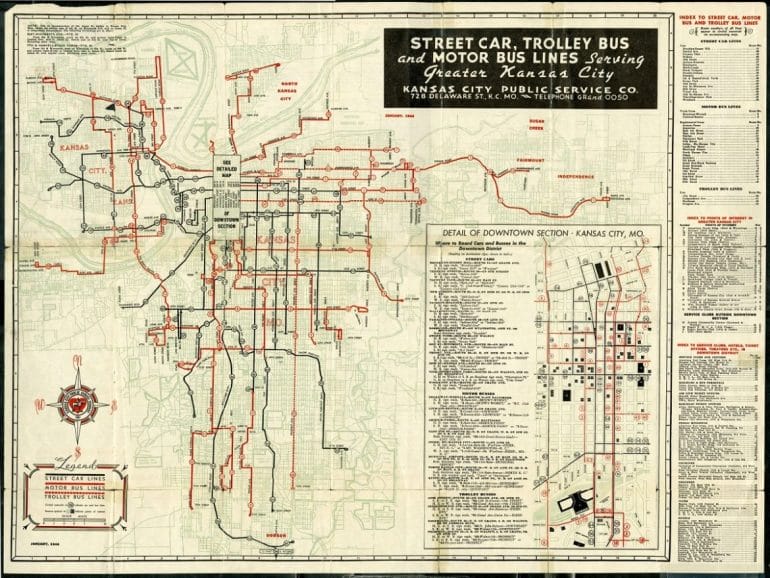Kansas City transportation map from 1944 with street car, trolley and bus lines