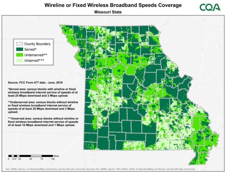 Broadband coverage map in Missouri.