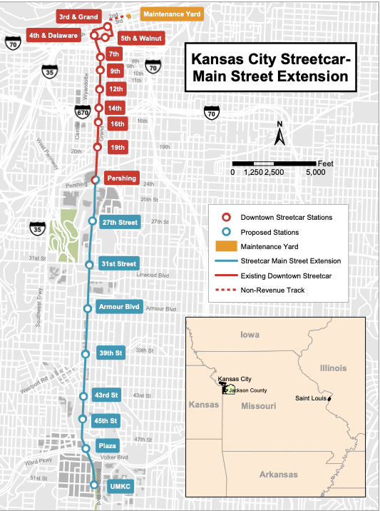 A map of the current and planned Kansas City streetcar system