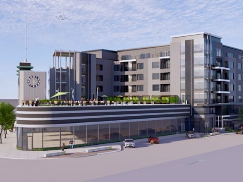 The Lux Living development plan calls for a six-story apartment building that would use the former Katz Drug as an amenity center for residents.