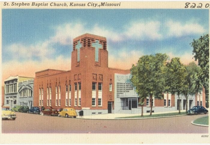 Postcard image of St. Stephen Baptist Church in Kansas City, Missouri, circa 1945.