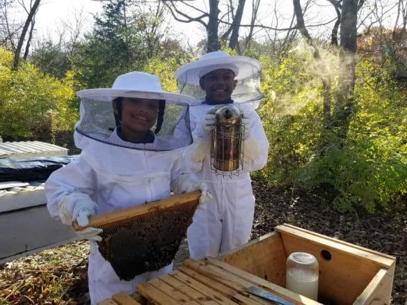Valentina and Zacherie Depradine learn about beekeeping. Mead is made by fermenting honey.
