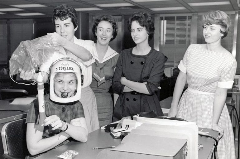 Sarah Gorelick, pictured front, was recruited to run the same physical and psychological tests as the Mercury Seven team.