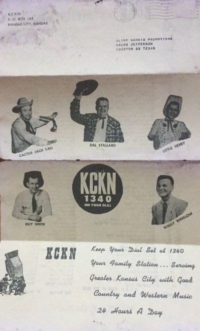 In a 1957 “Fabulous Fifty” sheet distributed by KCKN, a photo of "Cactus" Jack Call (upper left) was included with pictures of other station disc jockeys.