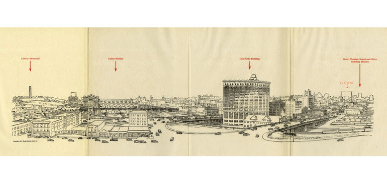 A promotional drawing by Ennis-Edwards Realty Company pinpointed the benefit of its location in proximity to other Kansas City landmarks. (Kansas City Public Library | Missouri Valley Special Collections)